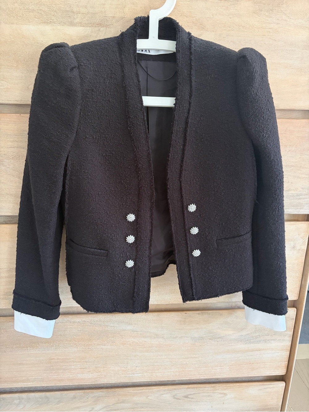 Zara Black Textured Puff Sleeve Blazer with Decorative Buttons